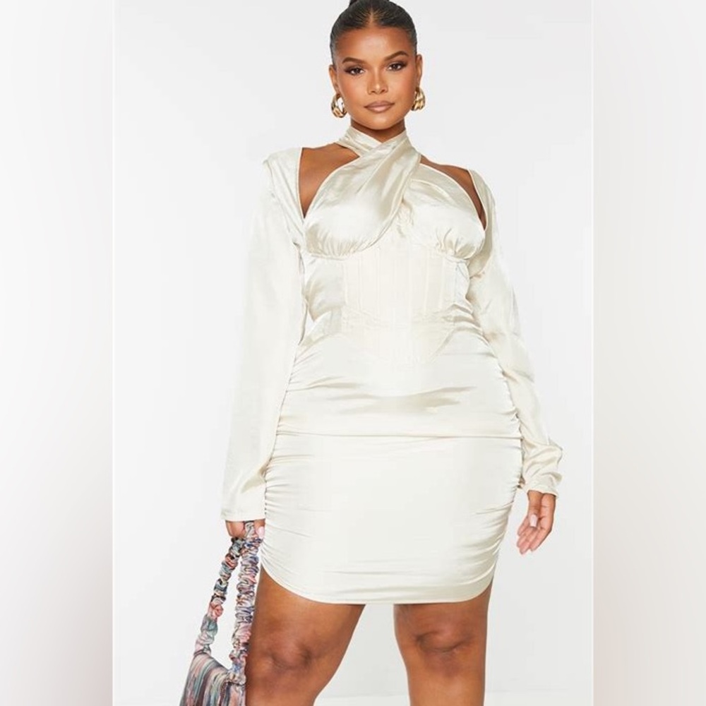 PrettyLittleThing Cream Cut Out Corset Front Ruched Side Mini Dress
